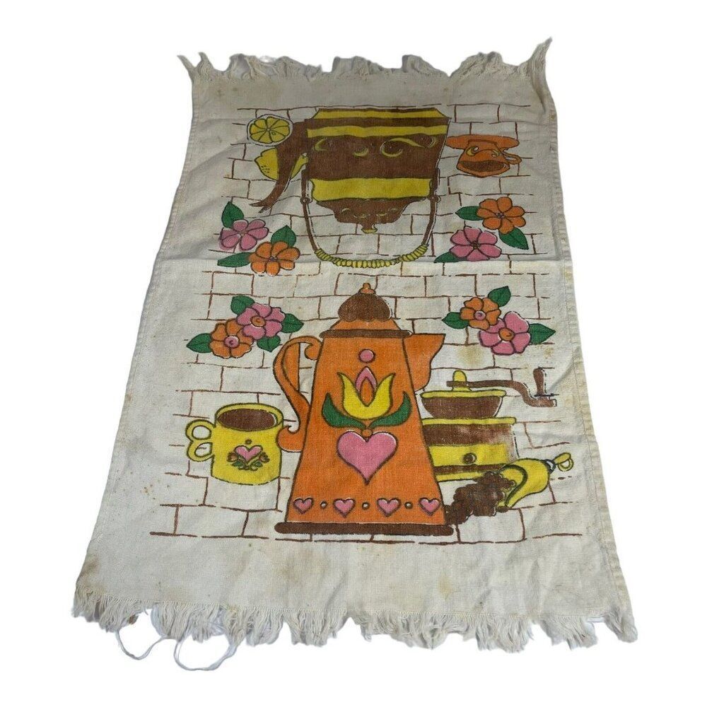 Vintage Mid Century Dish Towel Orange Coffee Pot Kettle MCM Boho Kitchen Kitsch